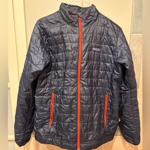Patagonia Men's Dark Blue Nano Puff Jacket with Orange Accents